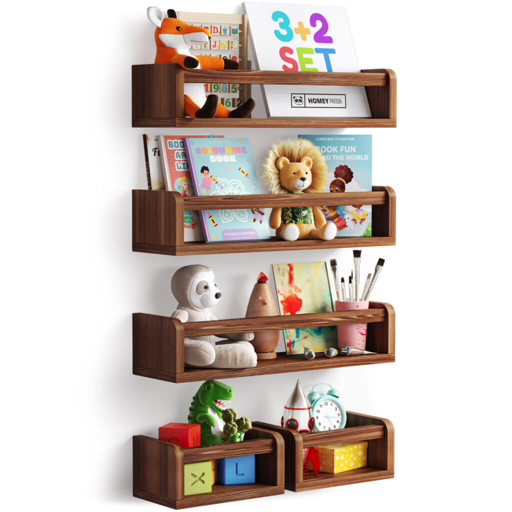 4 + 2 baby book Shelves for Wall mounted stuffed with toys and books.