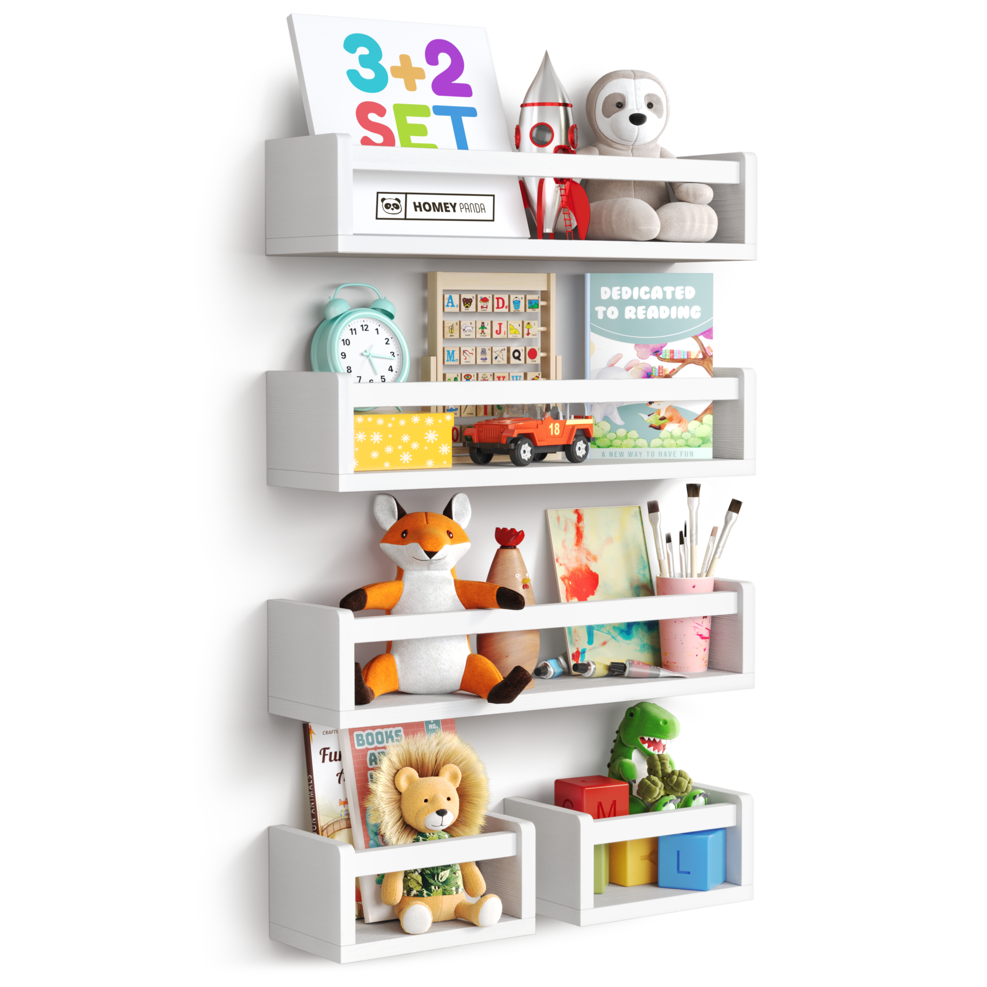 Homey Panda Nursery Book Shelves - 3+2 White