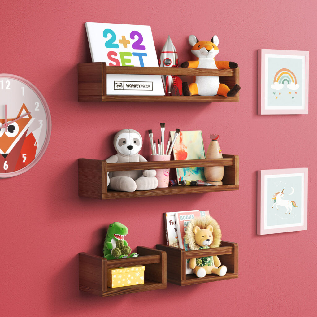 Nursery book shelves with toys and books on a red painted wall