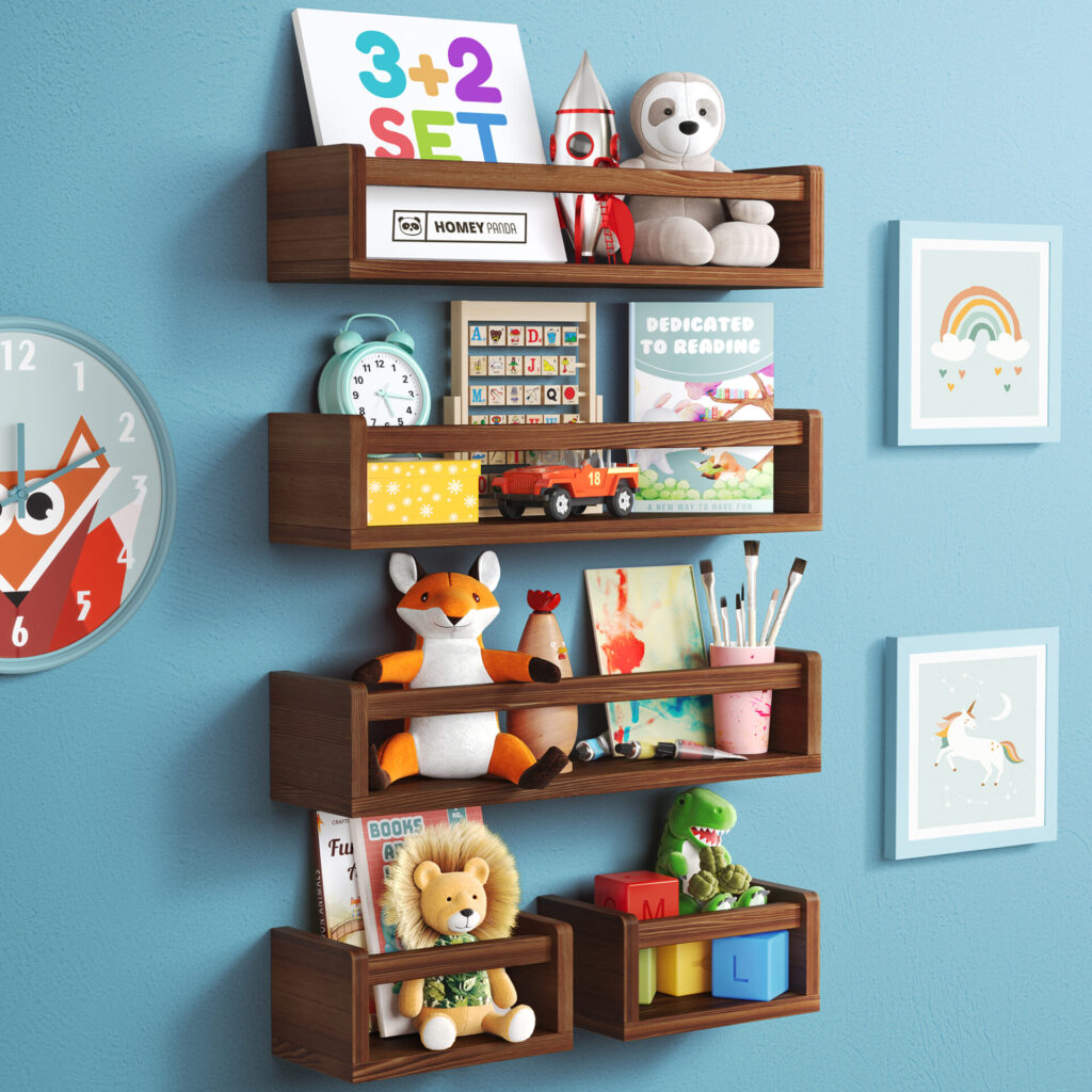 nursery shelf with mini shelves with some toys and books mounted on a blue wall