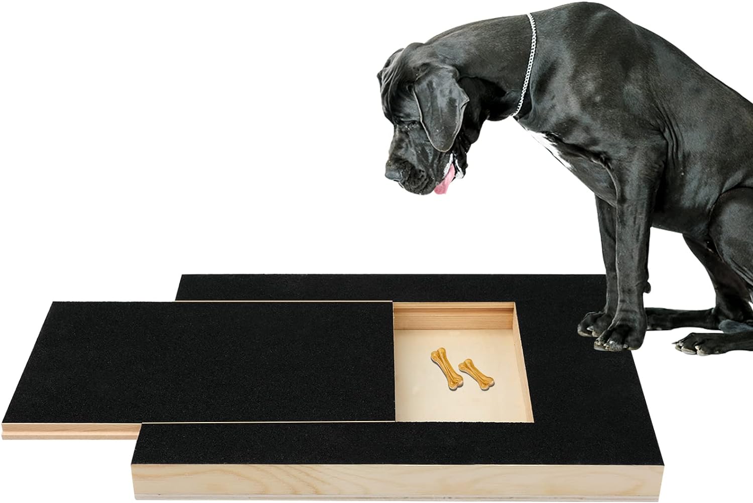 Large black dog looking at a treat box placed on a scratch board.