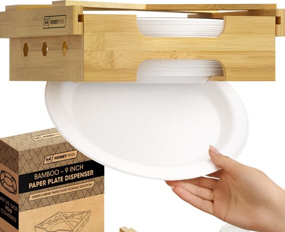 Bamboo paper plate dispenser for 9-inch plates with a side view showing the plate dispensing mechanism and accompanying cup holder labeled 'Your Name'