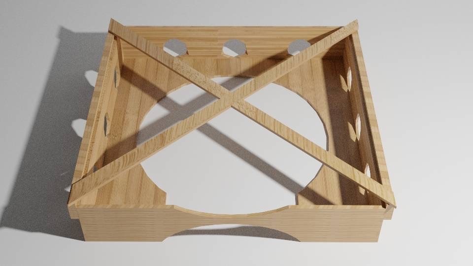 Top-down render image of a bamboo paper plate dispenser frame, emphasizing the plate holding area and support beams.