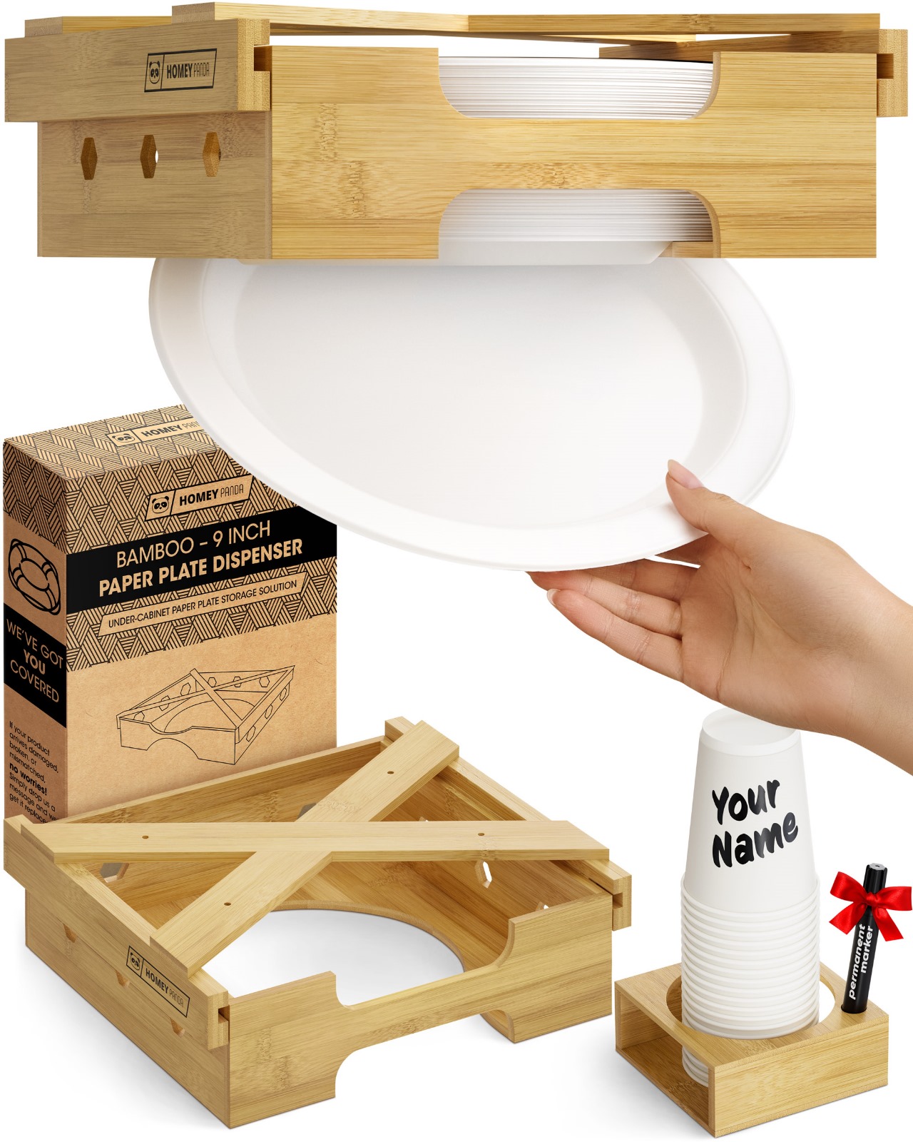 Bamboo paper plate dispenser for 9-inch plates with a side view showing the plate dispensing mechanism and accompanying cup holder labeled 'Your Name'