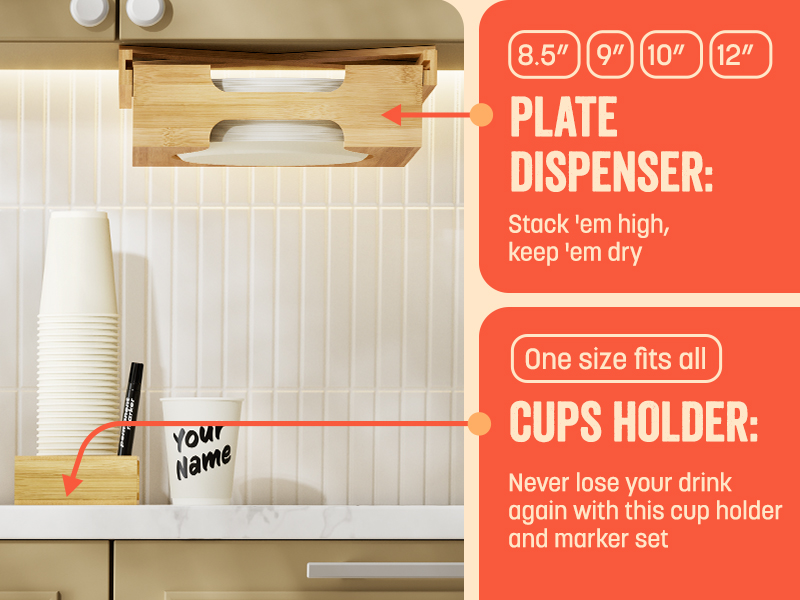Bamboo plate dispenser mounted under a kitchen cabinet, holding various sizes of plates, alongside a cup holder containing stacked disposable cups and a marker labeled 'Your Name.' Text overlays provide product details, highlighting the plate dispenser's capacity and the cup holder's versatility.