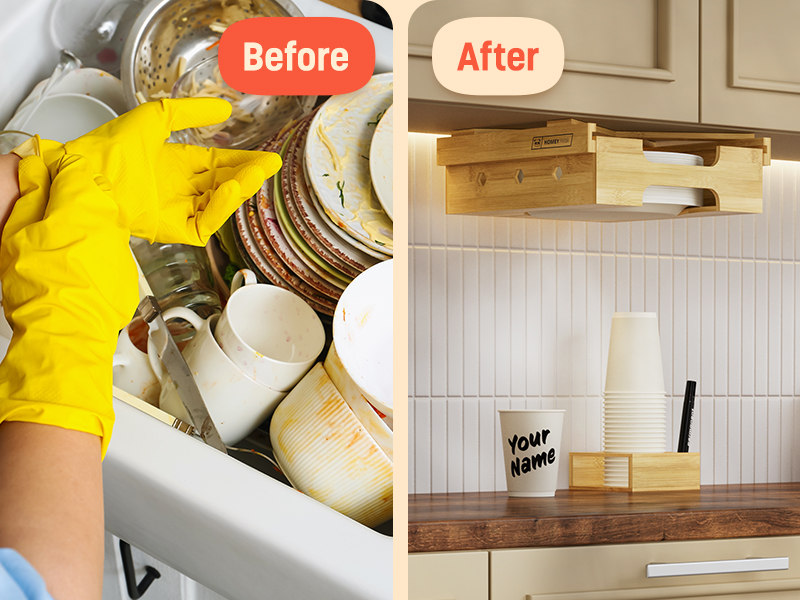 Split view image showing a messy sink with dirty dishes on the left labeled 'Before,' and an organized kitchen counter on the right with a mounted bamboo paper plate dispenser and neatly stacked paper cups, labeled 'After.'