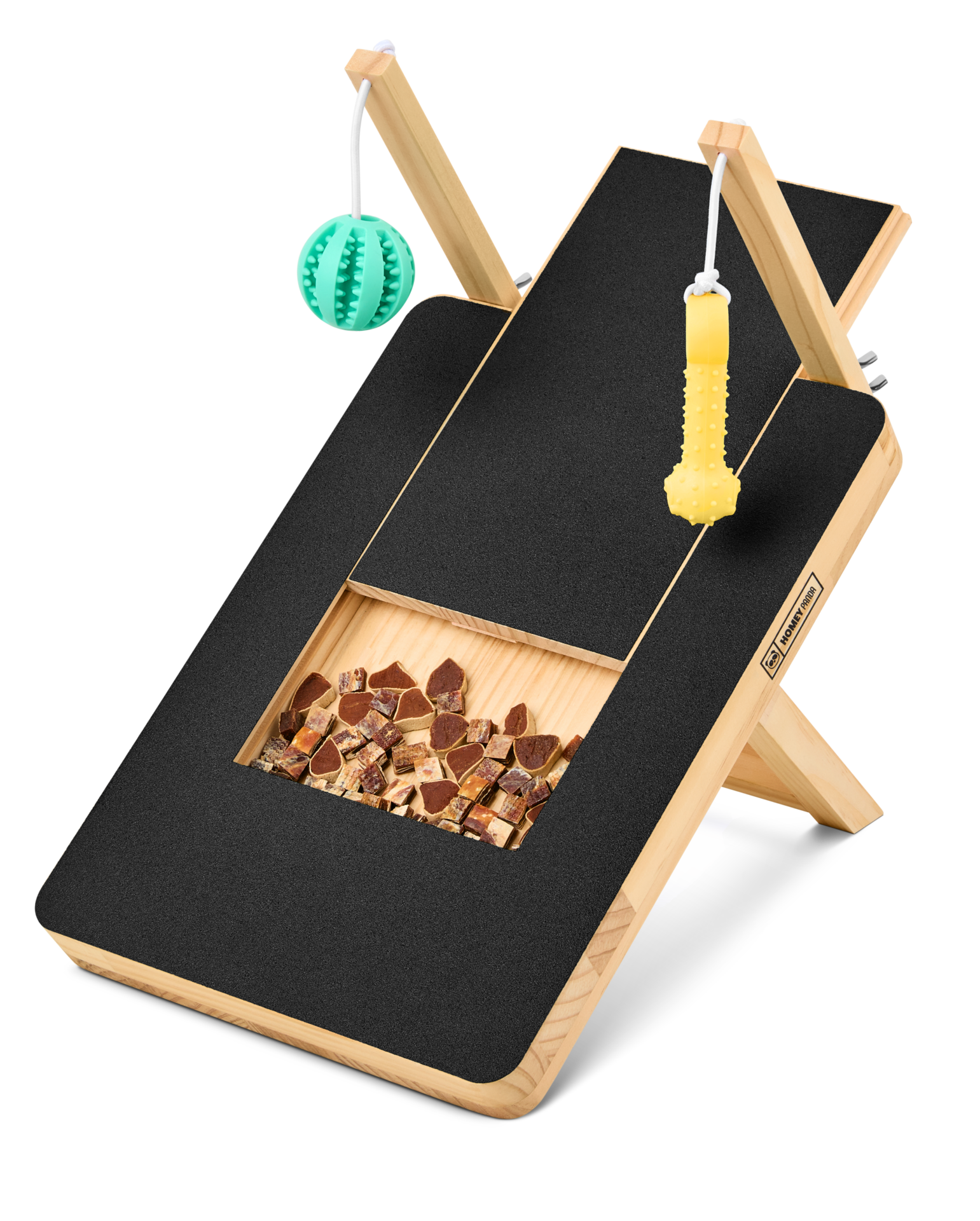 Side view of the dog scratching board showing its sturdy wooden construction, treat compartment, and attached toys for engaging pet training session.