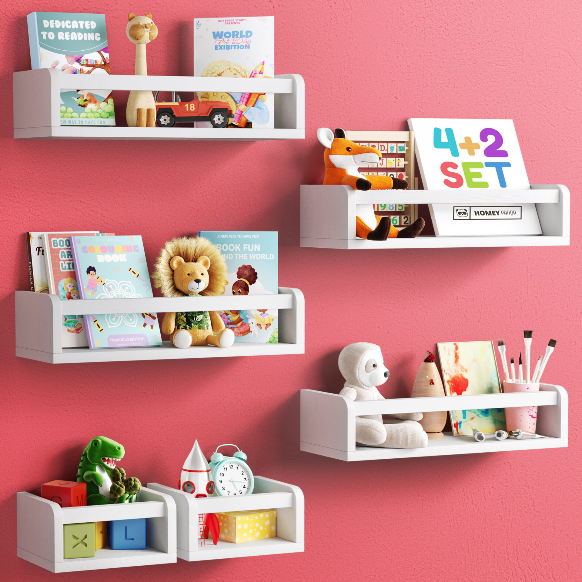 Floating nursery shelves mounted on a red wall, holding children's books, plush toys, educational blocks, and art supplies. The shelves are in natural wood, with one shelf painted pink, creating a playful and organized display for a child's room.