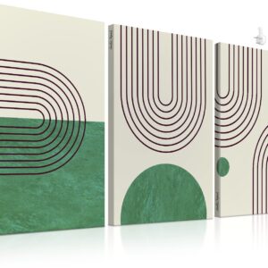 Three-panel boho wall art featuring minimalist geometric designs in earthy tones. The first panel has curved lines forming a semi-circle, the middle panel showcases sunburst rays with small dots, and the third panel has a circular shape with curved lines below it.