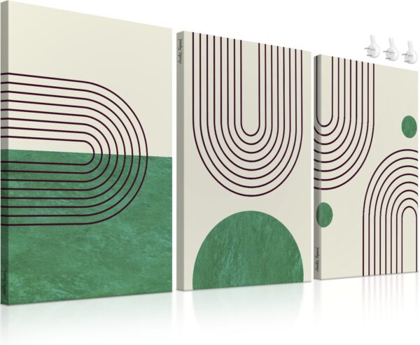 Three-panel boho wall art featuring minimalist geometric designs in earthy tones. The first panel has curved lines forming a semi-circle, the middle panel showcases sunburst rays with small dots, and the third panel has a circular shape with curved lines below it.