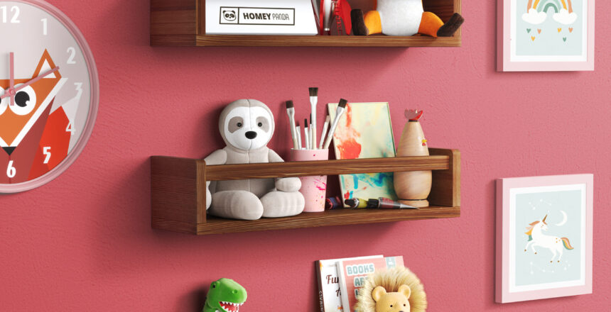 Nursery book shelves with toys and books on a red painted wall