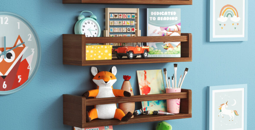 nursery shelf with mini shelves with some toys and books mounted on a blue wall