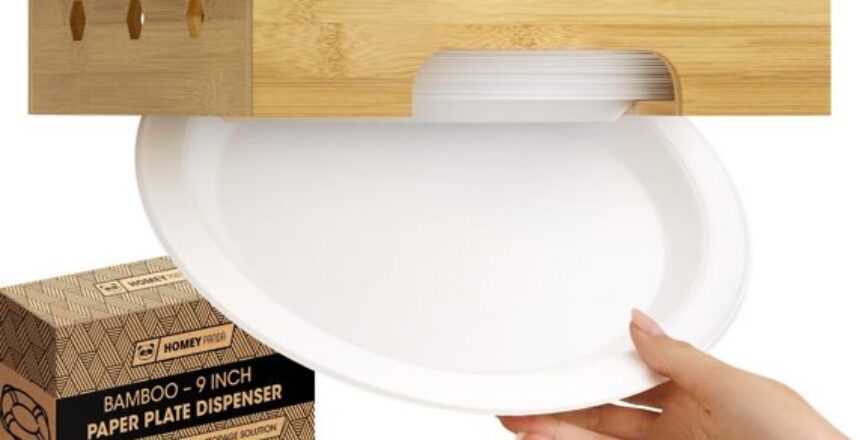 Bamboo paper plate dispenser for 9-inch plates with a side view showing the plate dispensing mechanism and accompanying cup holder labeled 'Your Name'