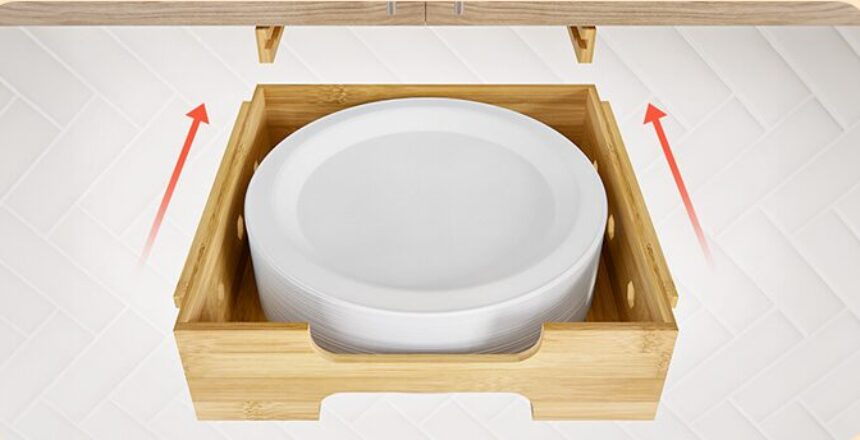 paper plates in a bamboo paper plate holder