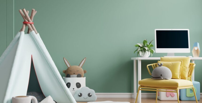 Mockup wall in the children's room,working interior on wall green color background.3d rendering